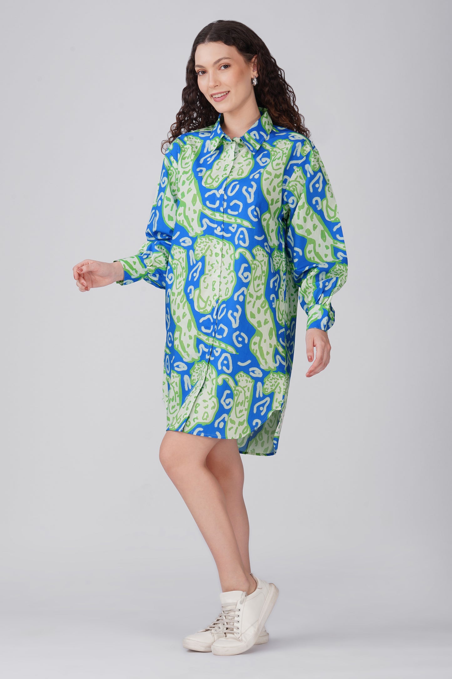 Green Blue Leopard Print Shirt Dress