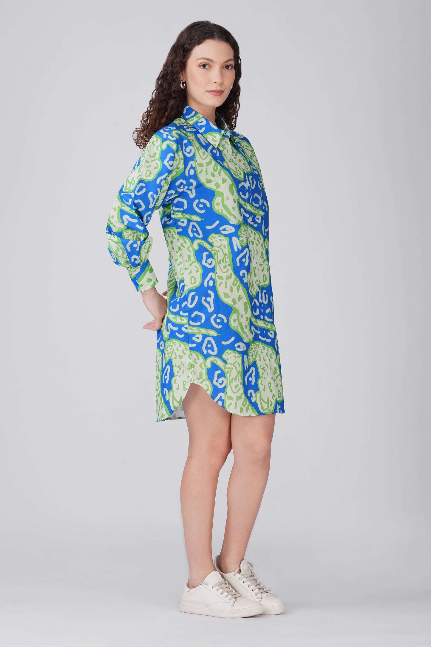Green Blue Leopard Print Shirt Dress
