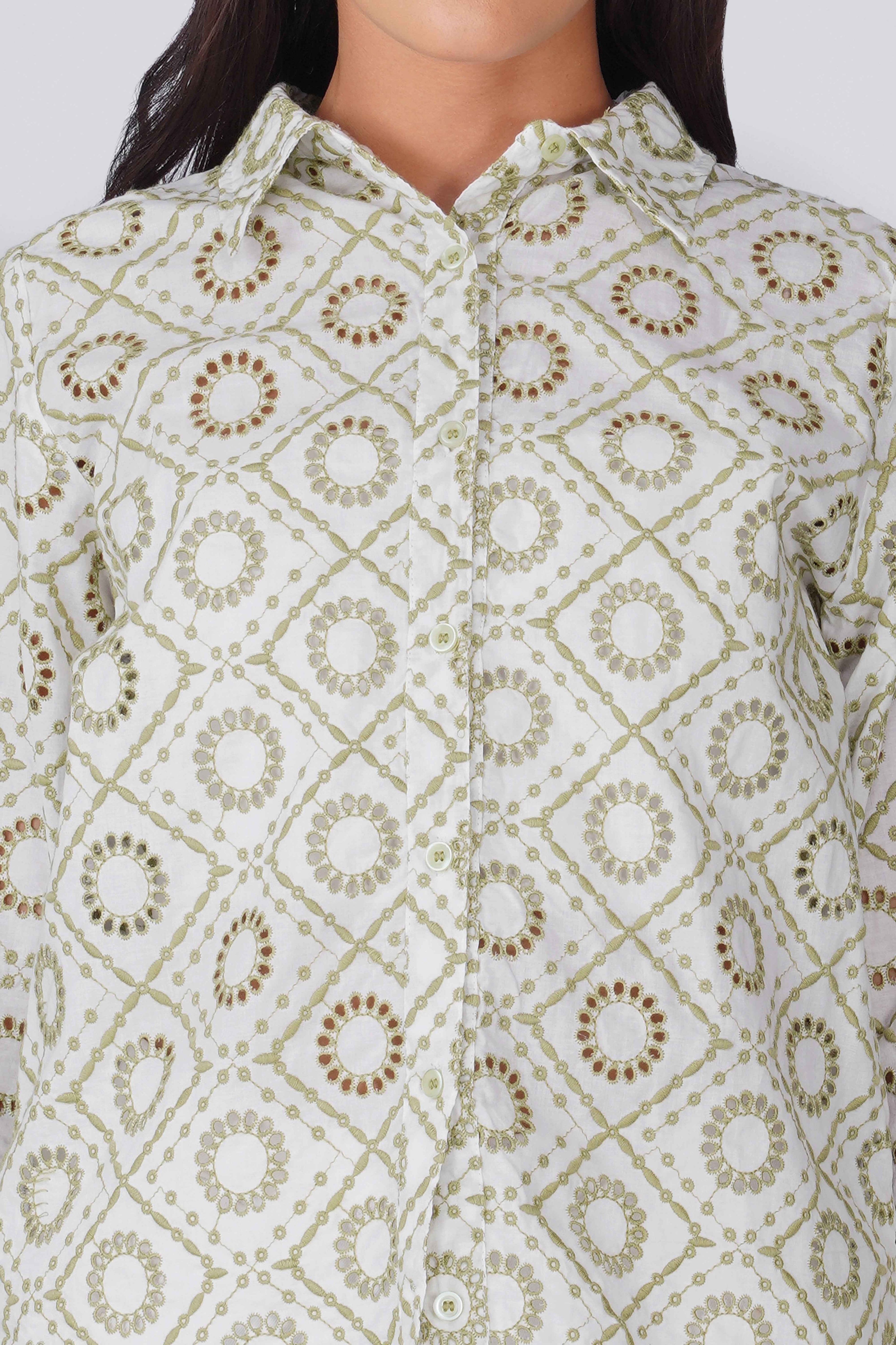 White / Green Schiffli Shirt