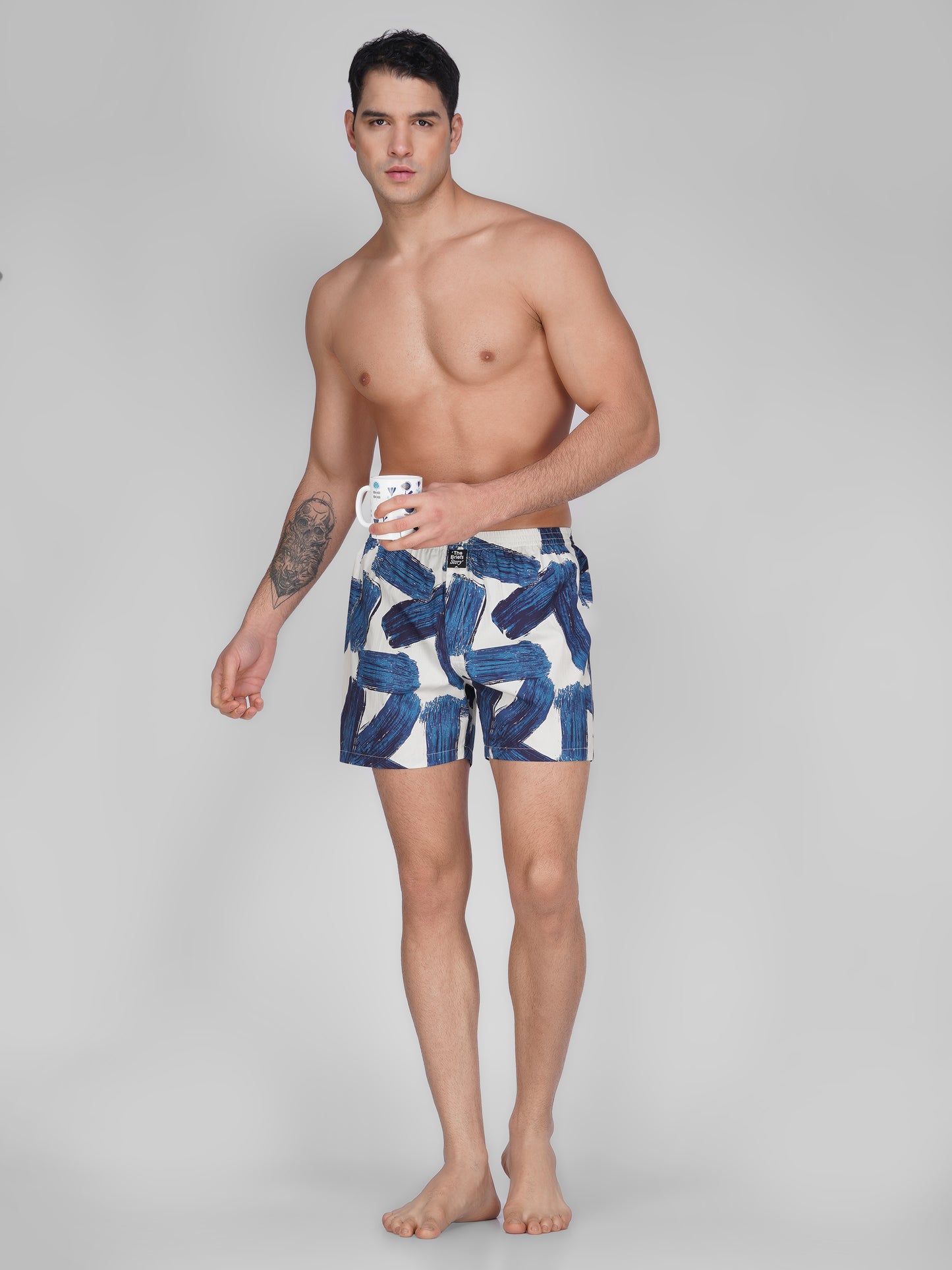 Navy Brush Strokes Print Cotton Boxer Shorts