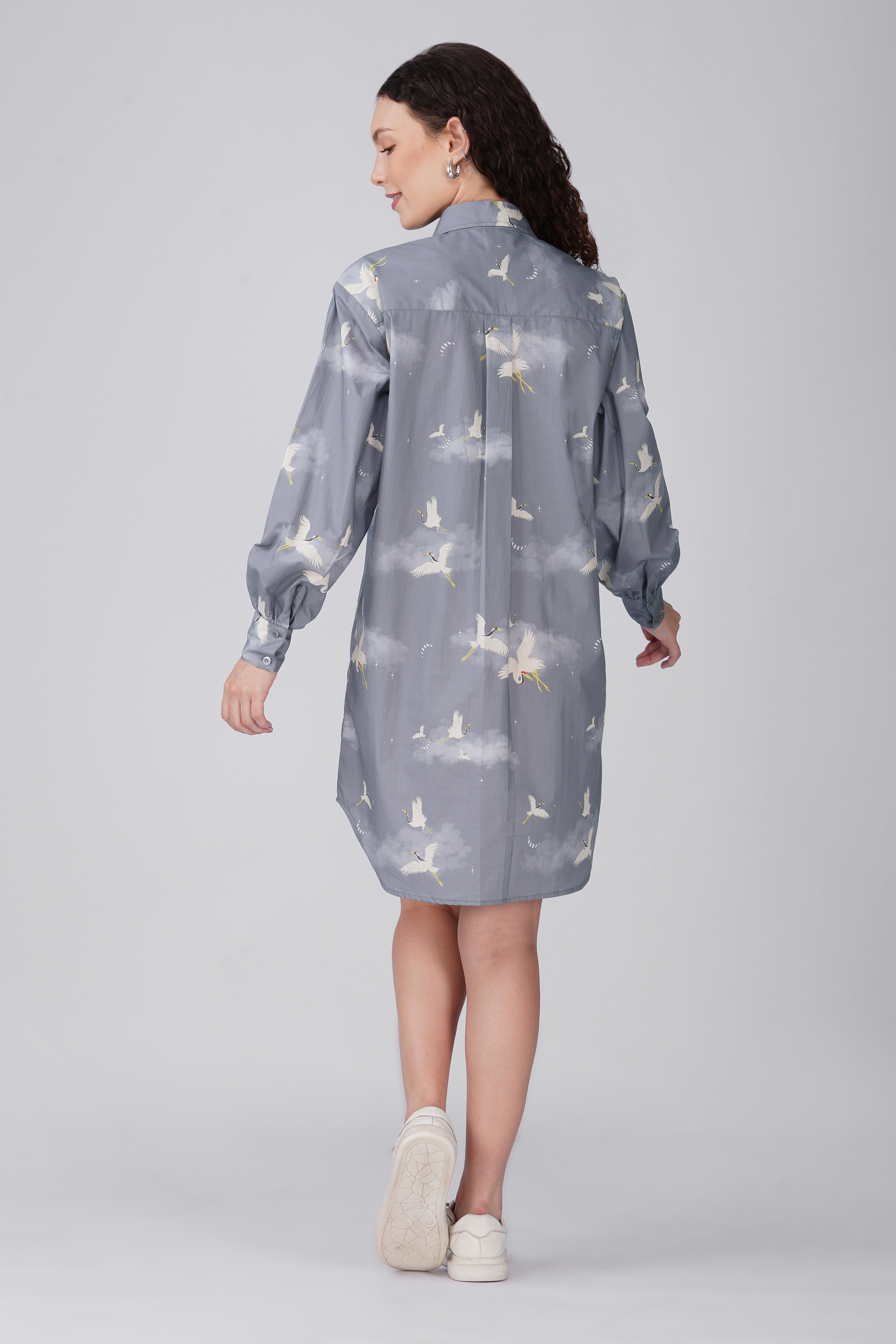 Grey Crane Print Shirt Dress