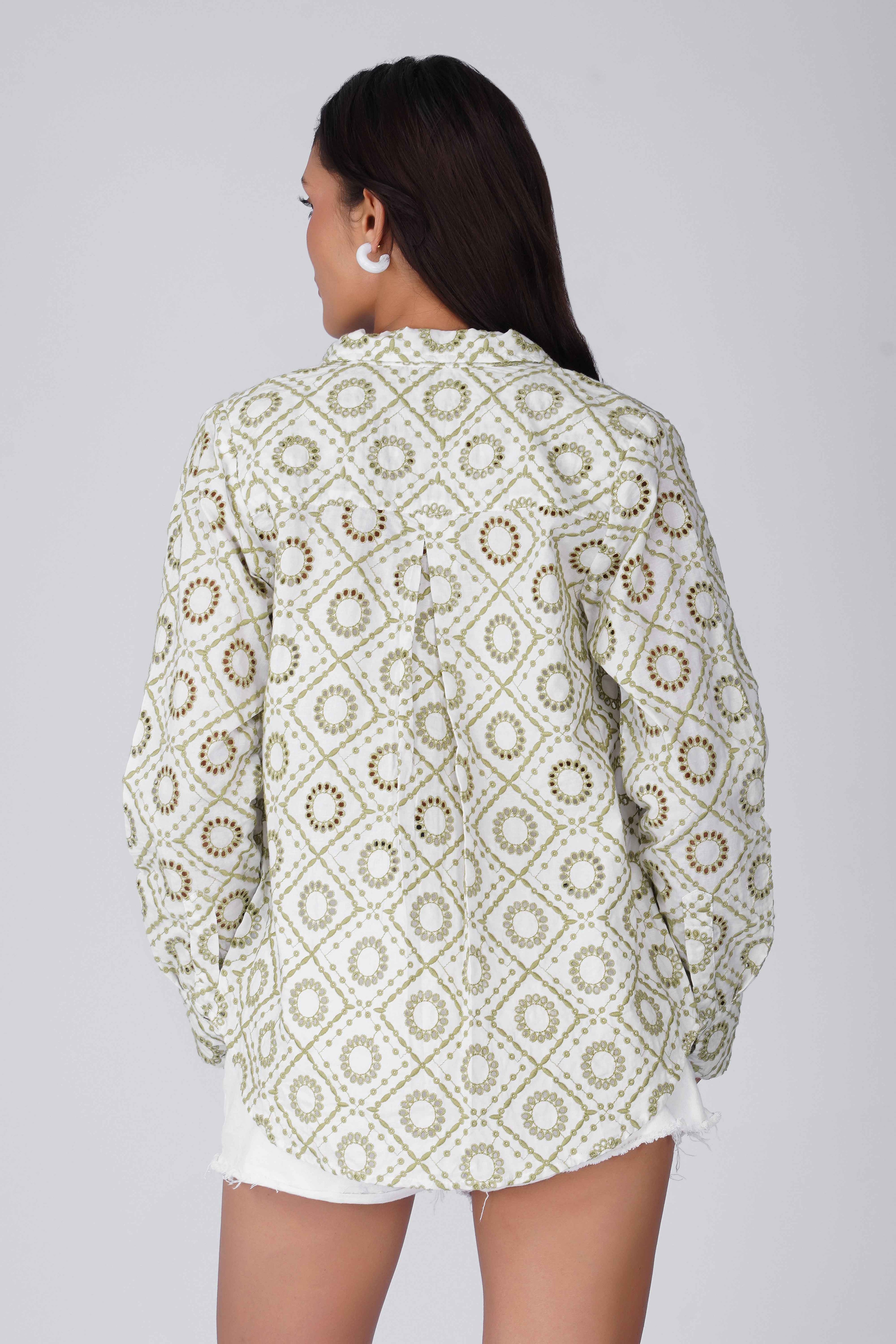 White / Green Schiffli Shirt