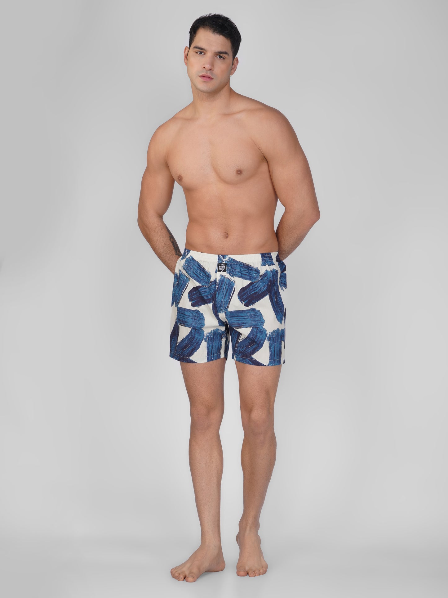 Navy Brush Strokes Print Cotton Boxer Shorts