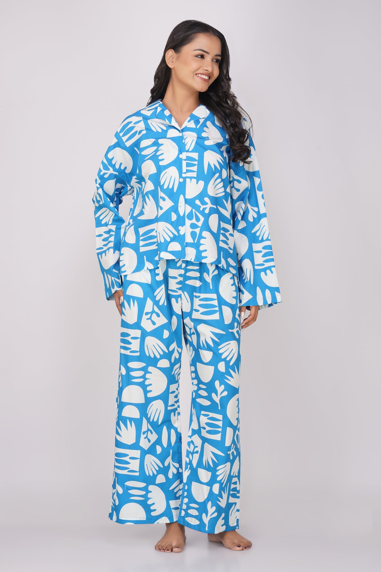 Cool Blue Abstract Print Cotton Nightsuit