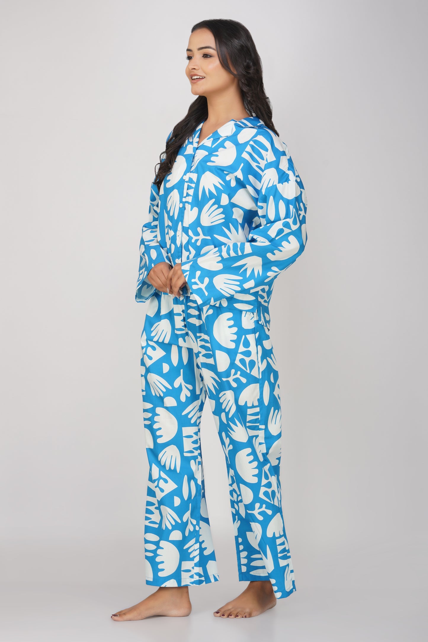 Cool Blue Abstract Print Cotton Nightsuit