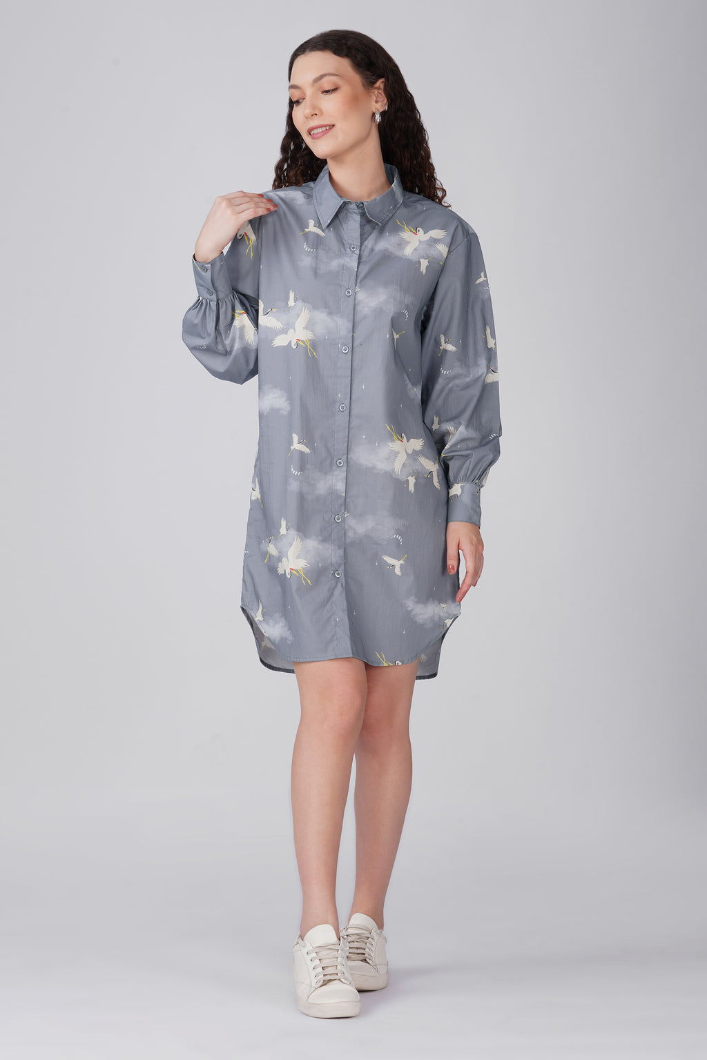Grey Crane Print Shirt Dress