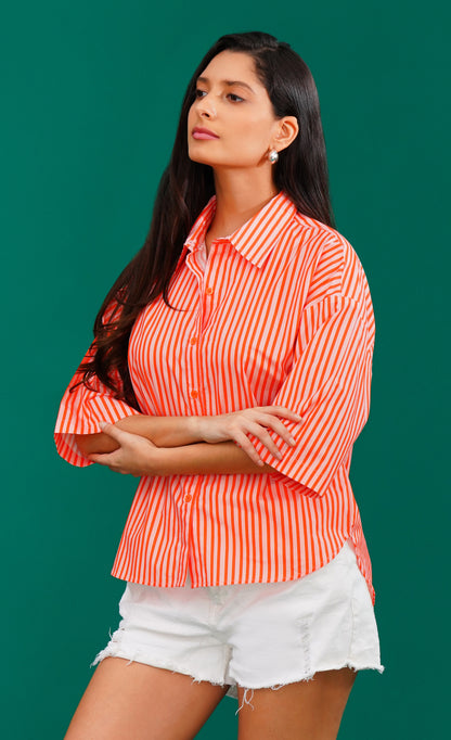 Coral Stripes Oversized Shirt🧡✨ - thebriefsstory