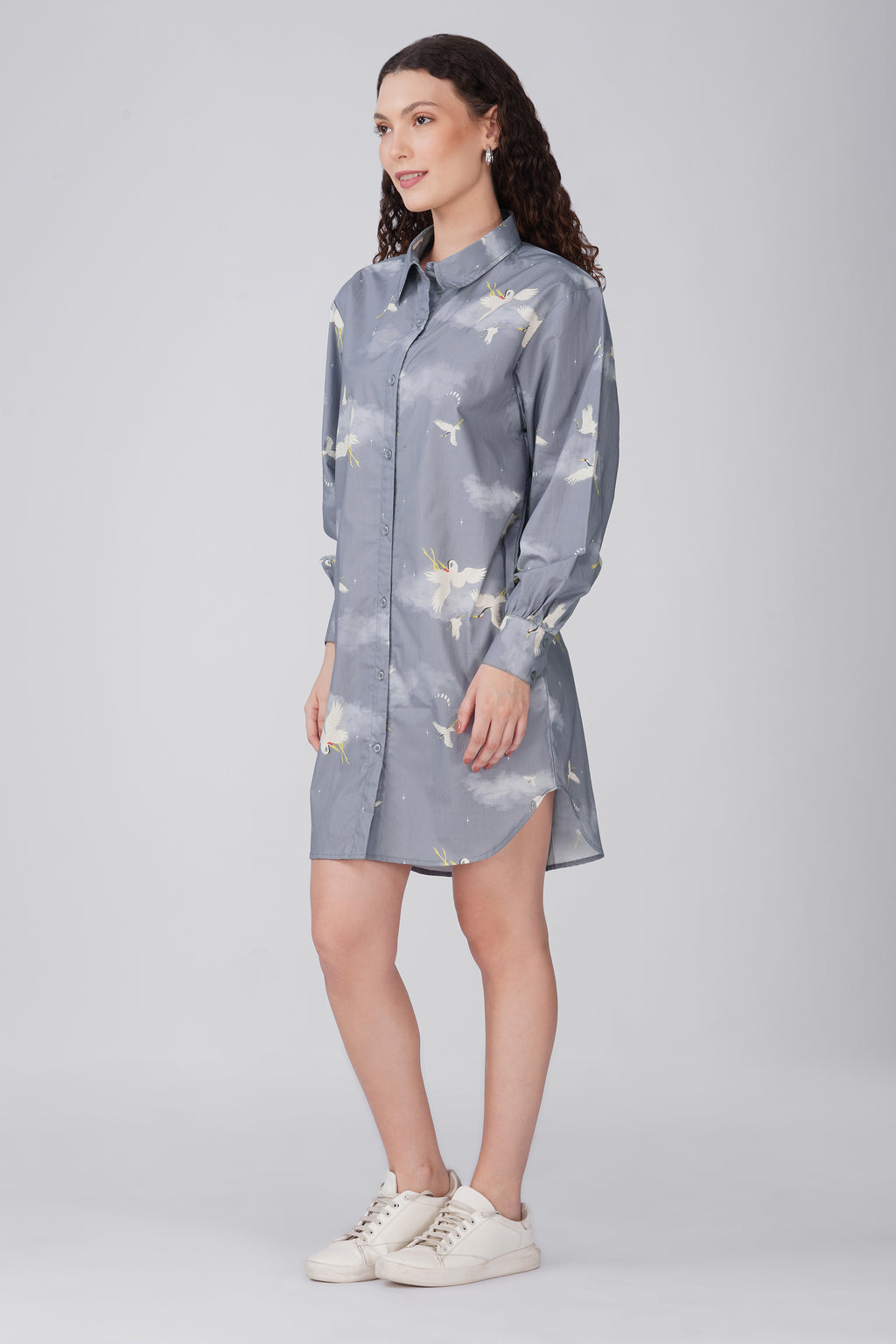 Grey Crane Print Shirt Dress