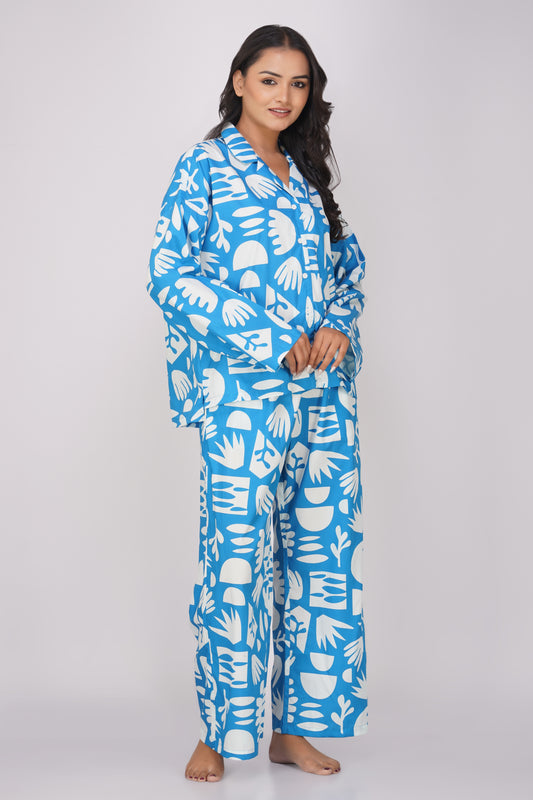 Cool Blue Abstract Print Cotton Nightsuit