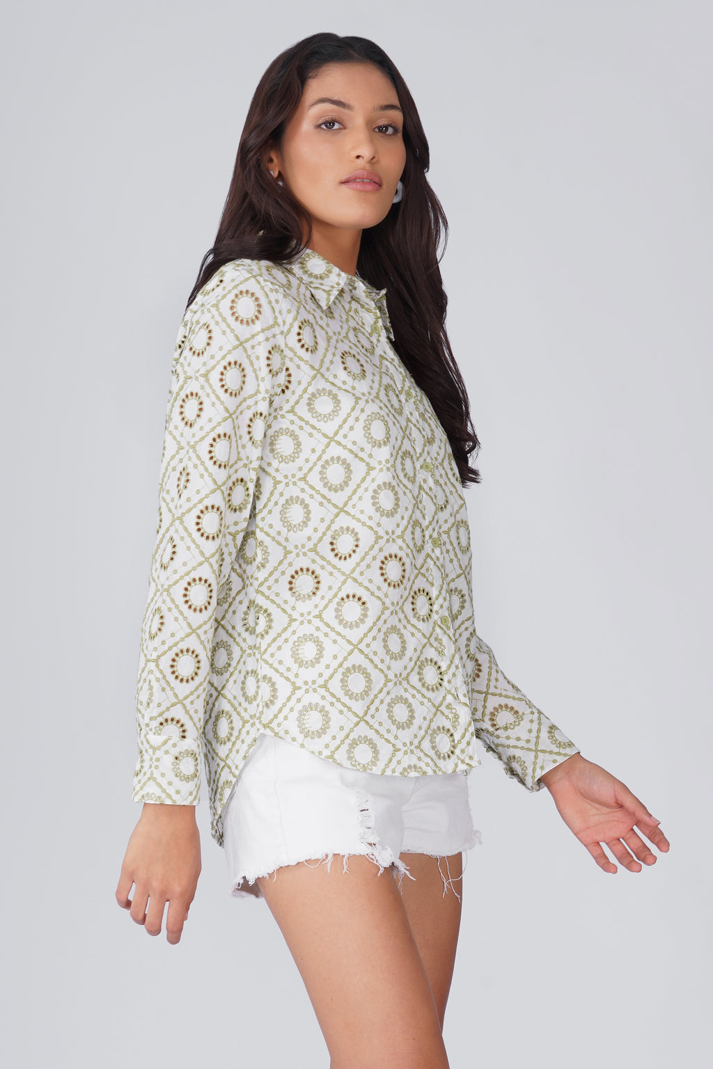 White / Green Schiffli Shirt