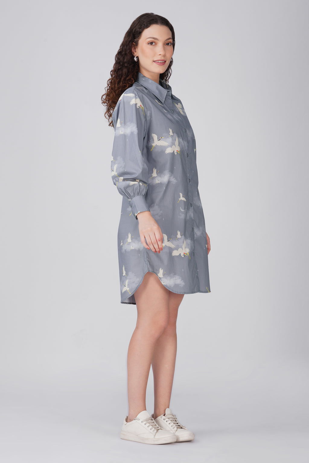 Grey Crane Print Shirt Dress