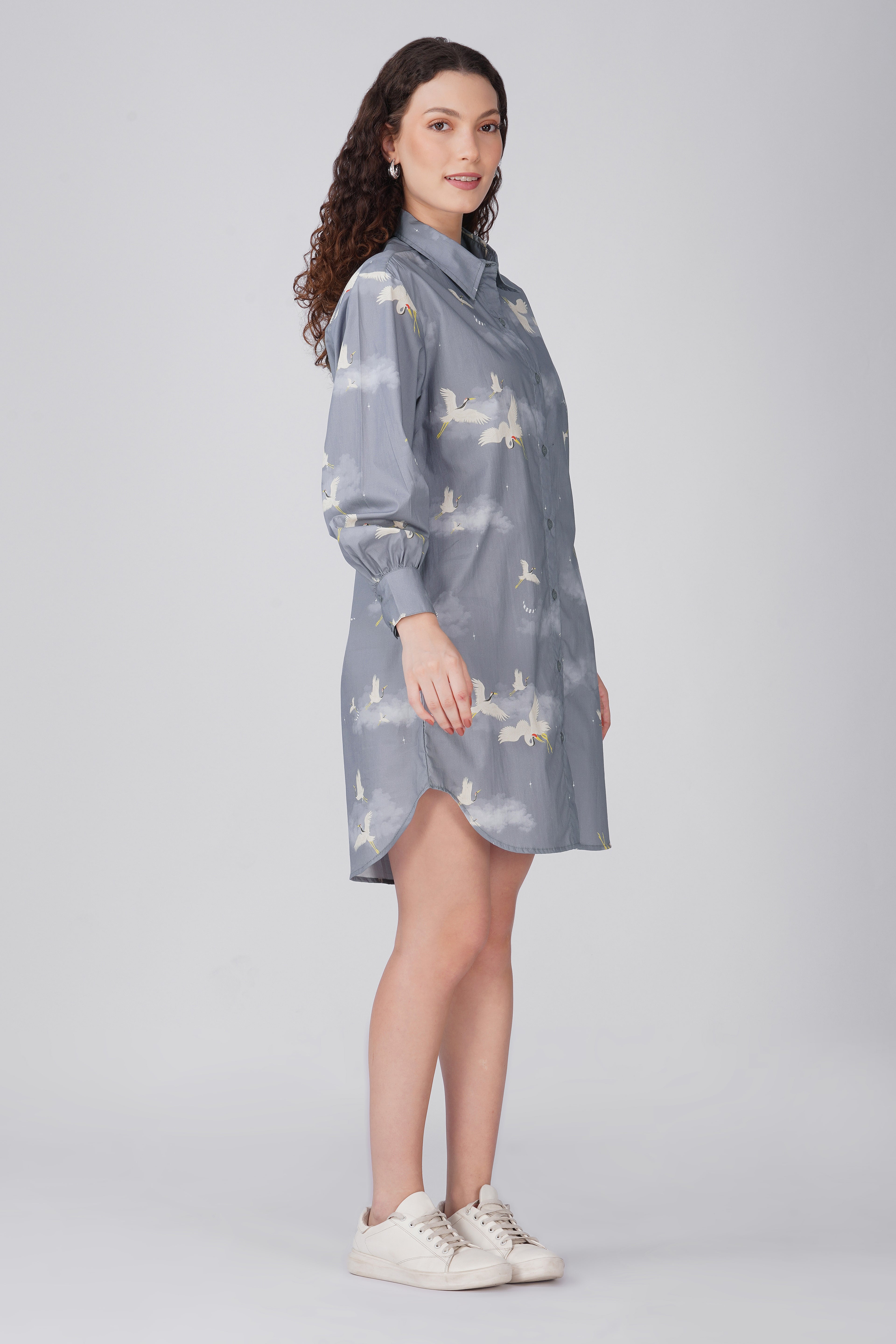 Grey Crane Print Shirt Dress