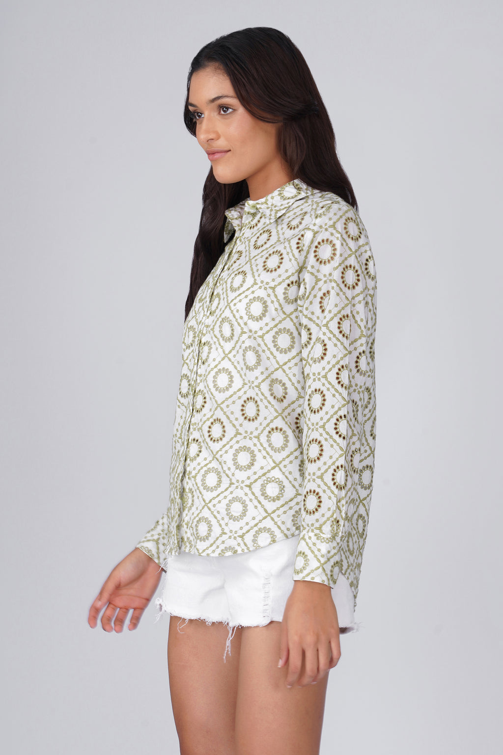 White / Green Schiffli Shirt