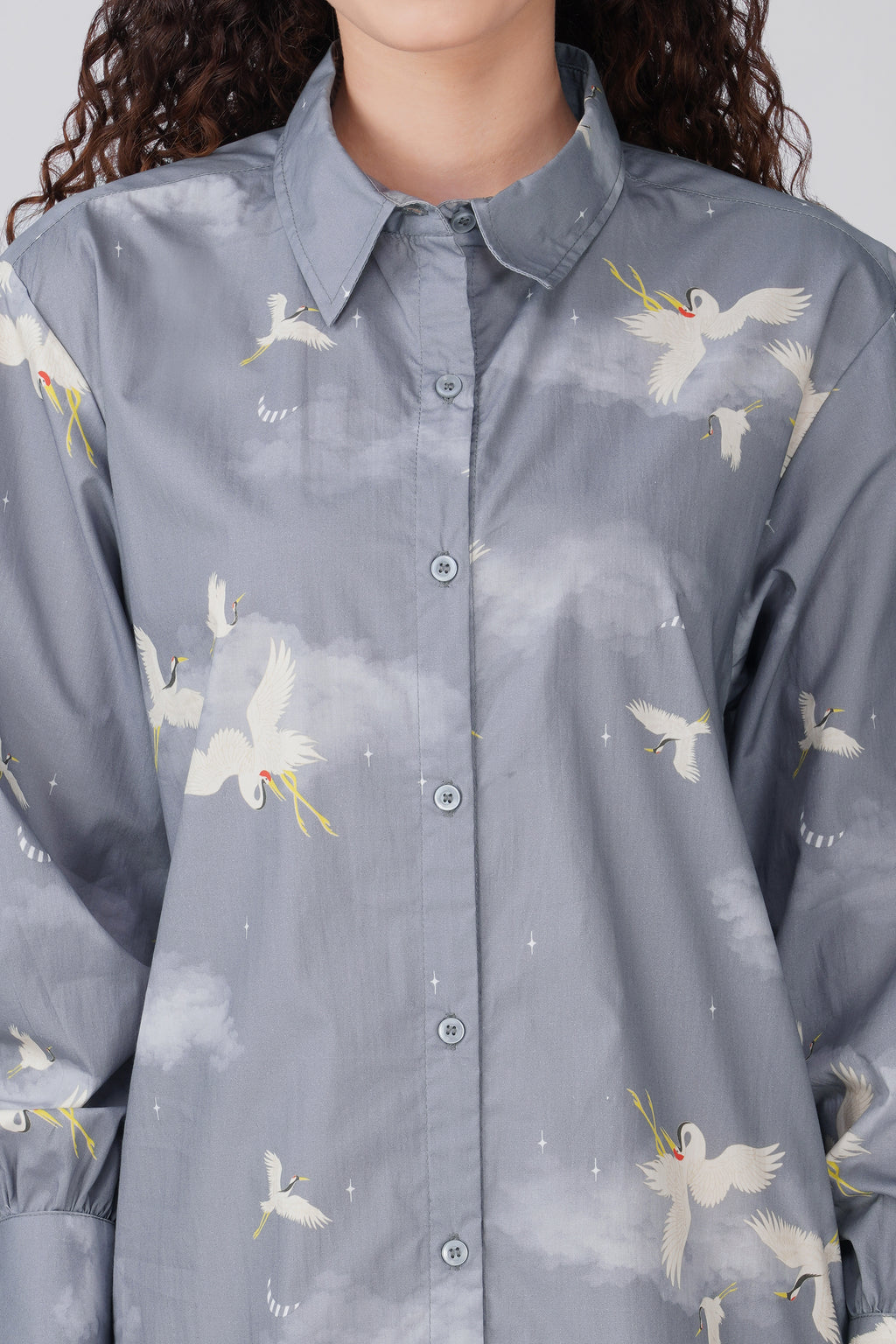 Grey Crane Print Shirt Dress