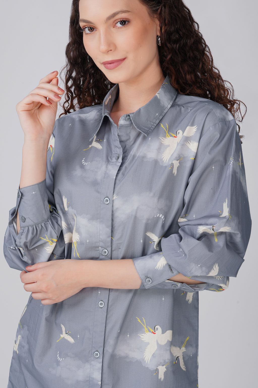 Grey Crane Print Shirt Dress