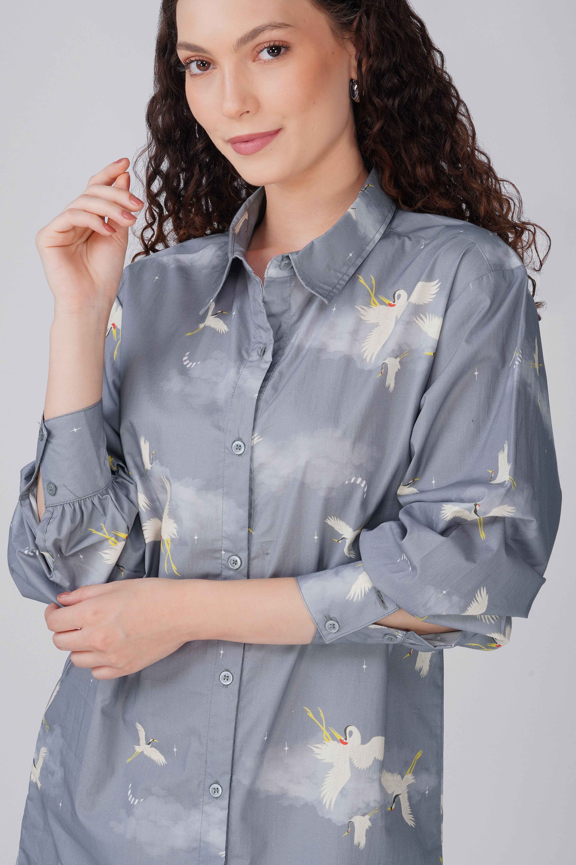 Grey Crane Print Shirt Dress