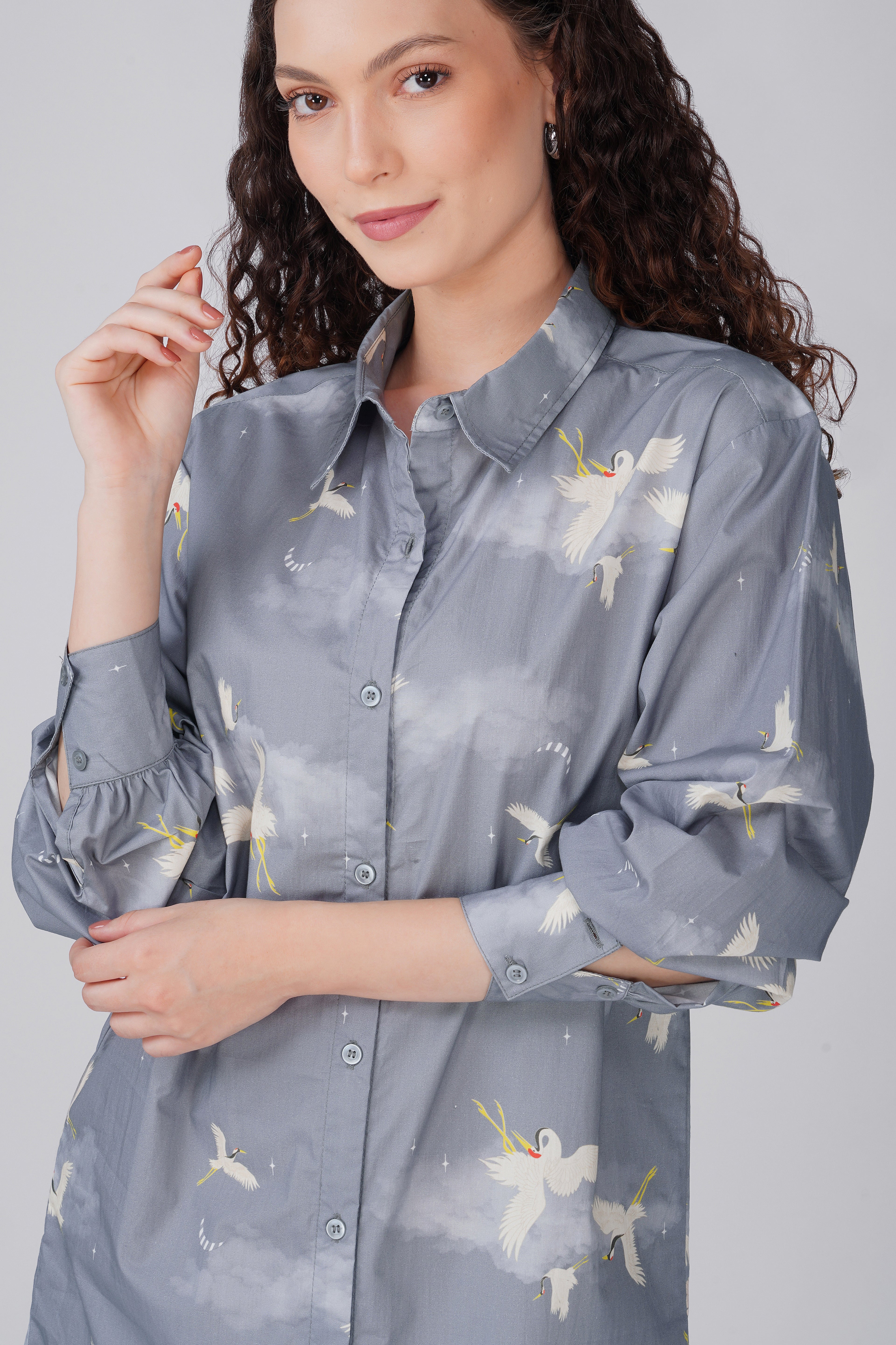 Grey Crane Print Shirt Dress