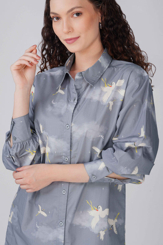 Grey Crane Print Shirt Dress