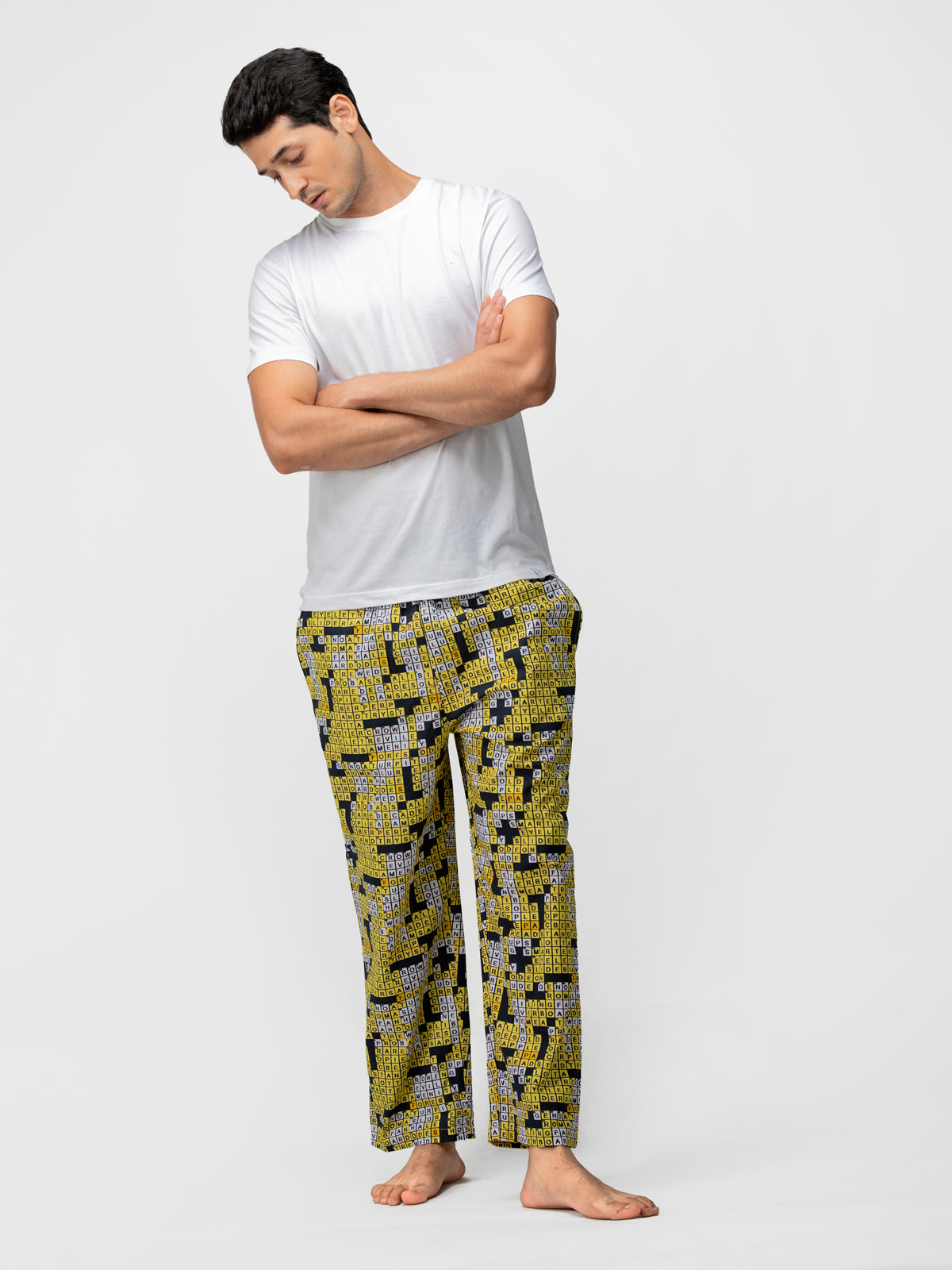 Yellow & Black Crossword Print Pajamas