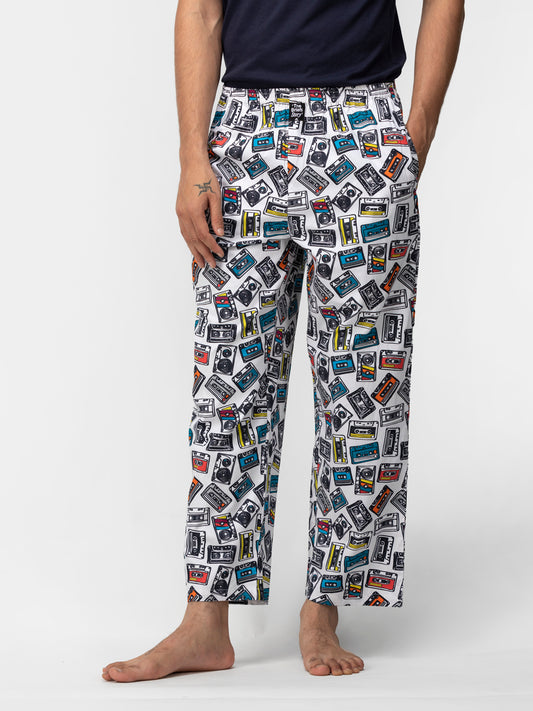 White Cassette Print Cotton Pajamas