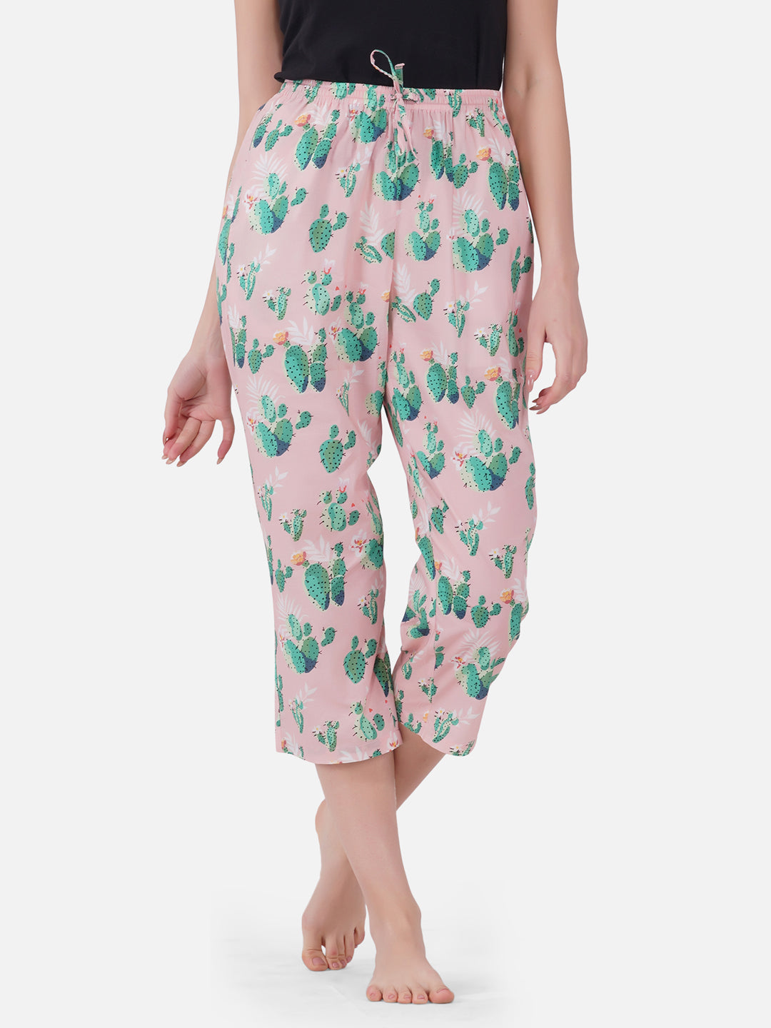 Lt.pink Cactus print cotton capris - thebriefsstory