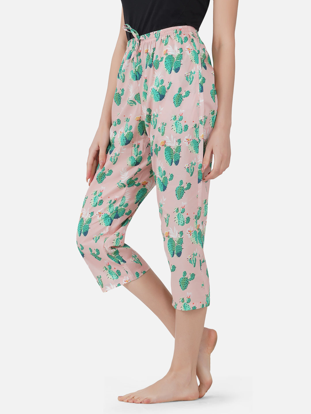 Lt.pink Cactus print cotton capris - thebriefsstory