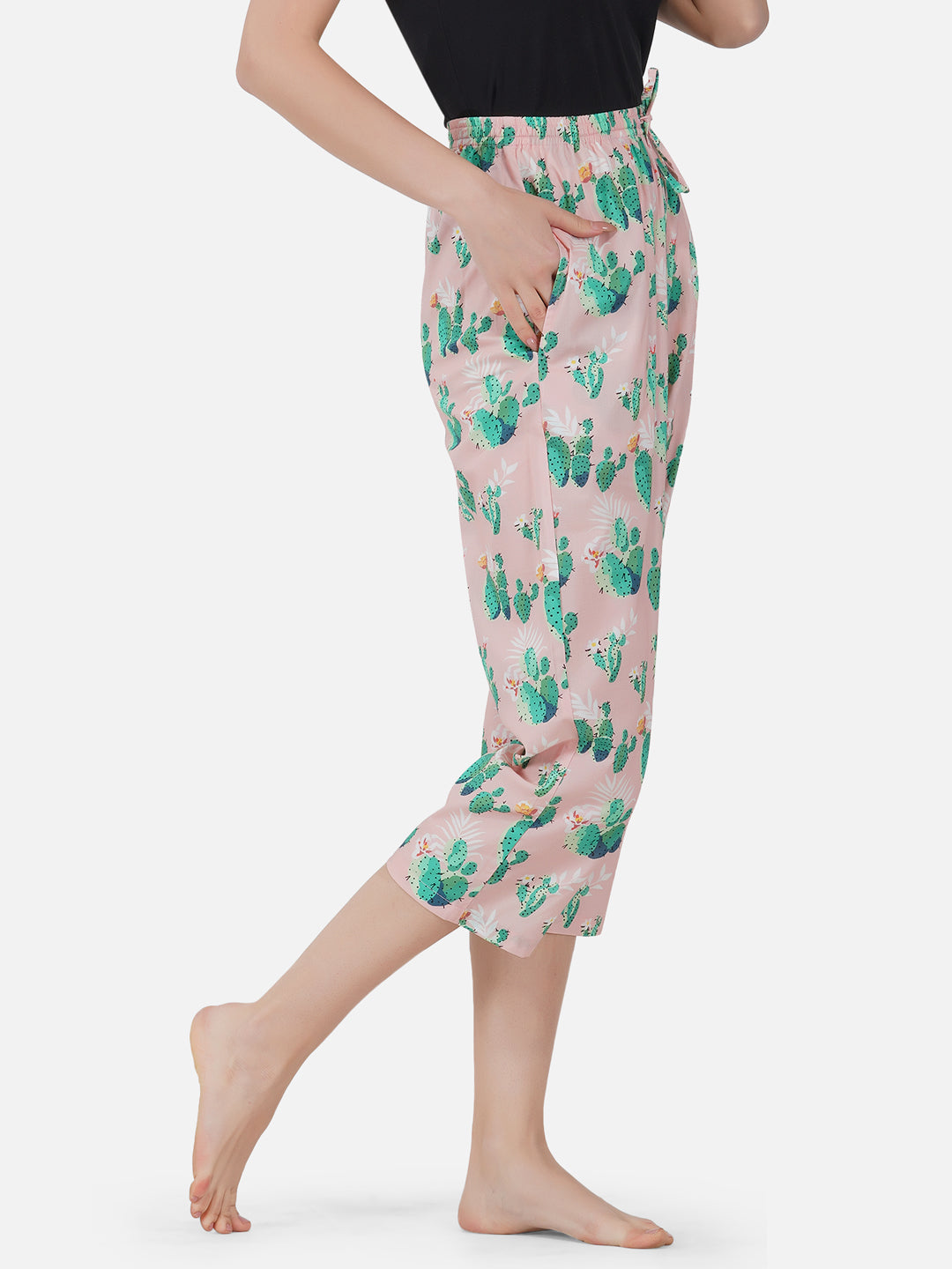 Lt.pink Cactus print cotton capris - thebriefsstory