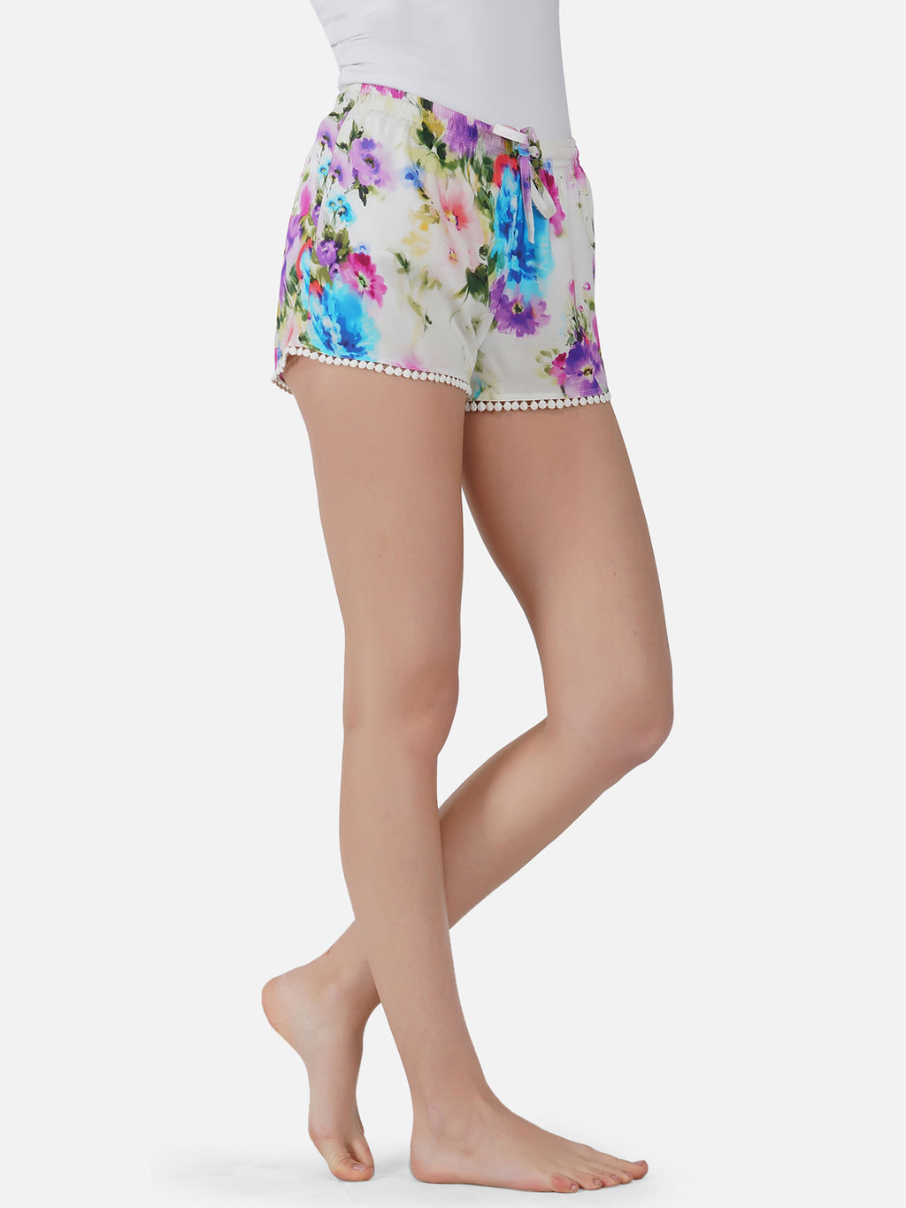 White Multi Abstract viscose Mini shorts - thebriefsstory